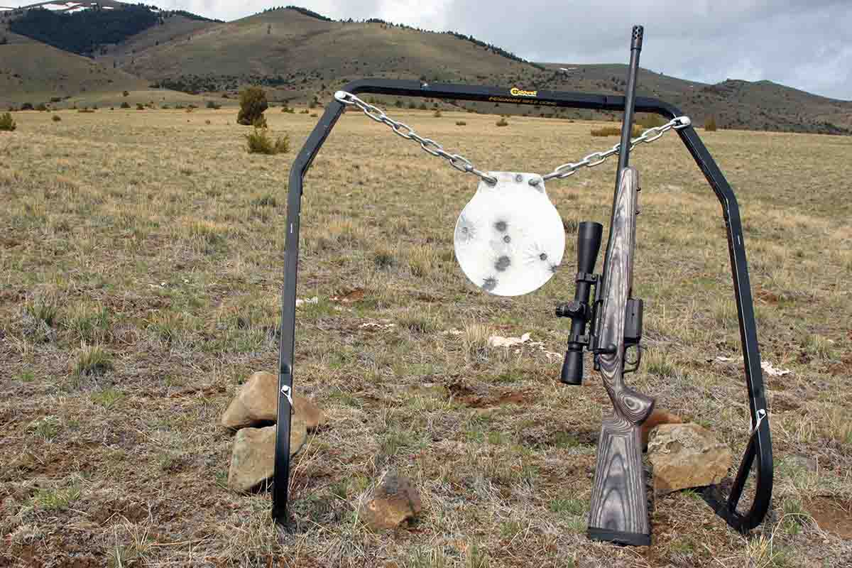 In the West, shooting is legal on a lot of public land. This gong is set up on  BLM land – and yes, the low ridge is a safe backstop. The photo was taken from a low angle to show the public mountains beyond, also legal for shooting to test higher-elevation trajectory.